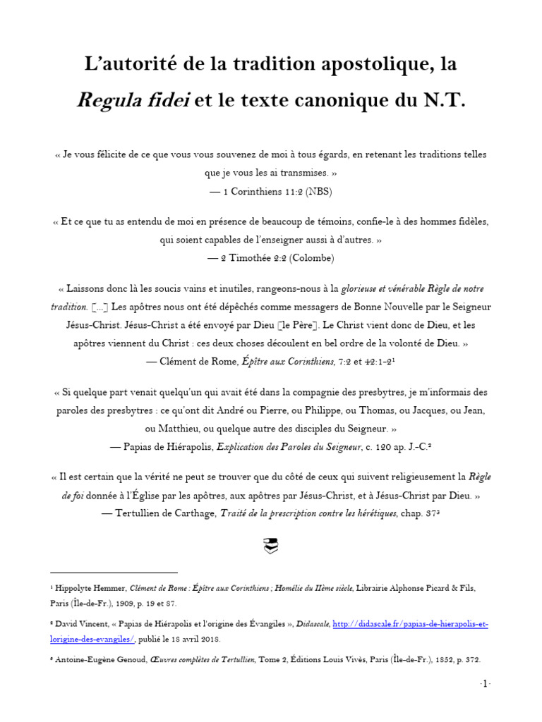 Tradition apostolique et Regula fidei | PDF | Église chrétienne ...