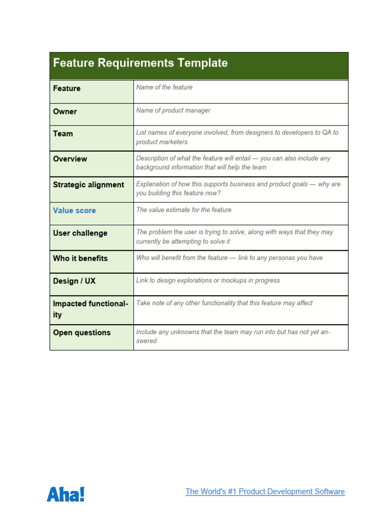 Feature Requirements Template PDF
