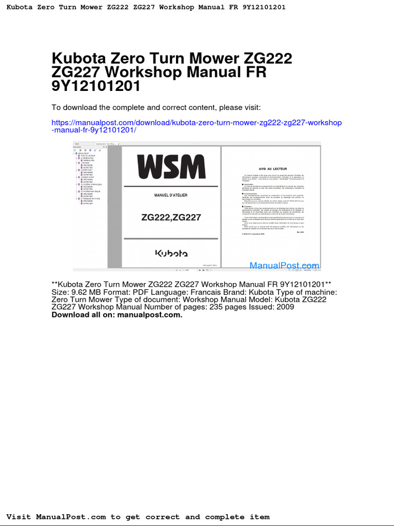 Kubota Zero Turn Mower Zg222 Zg227 Manual FR 9y12101201 PDF