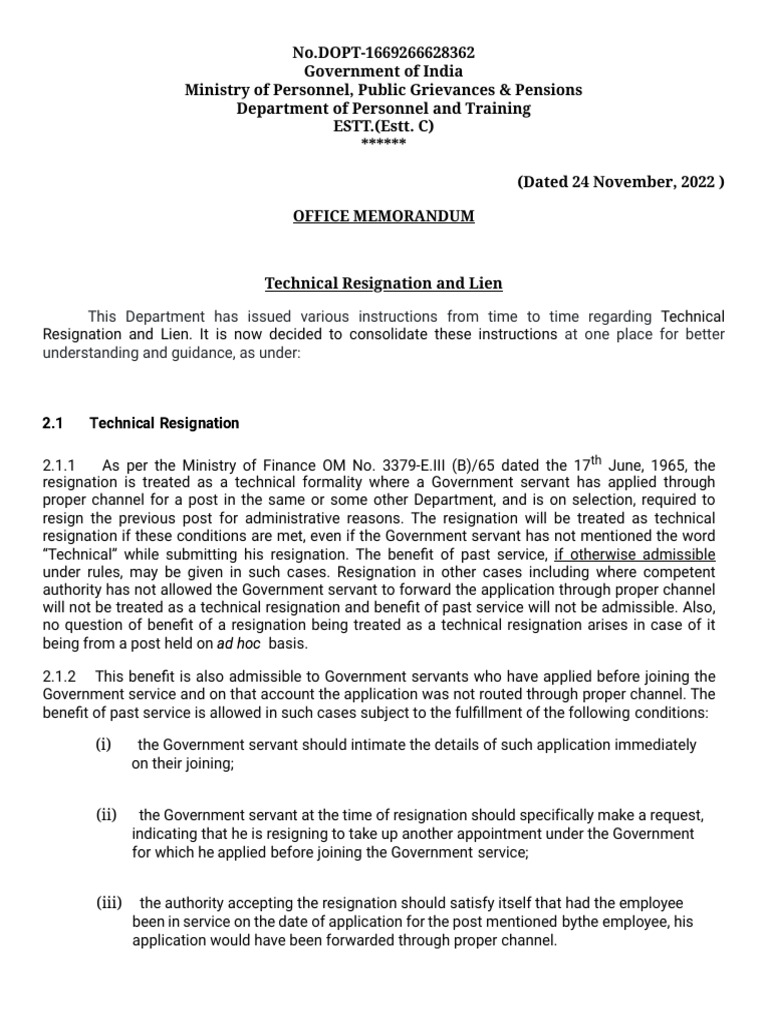 Technical Resignation Guidelines for Govt Employees | PDF | Pension ...