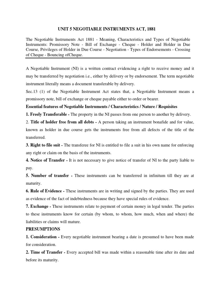 Overview of Negotiable Instruments Act | PDF | Negotiable Instrument ...