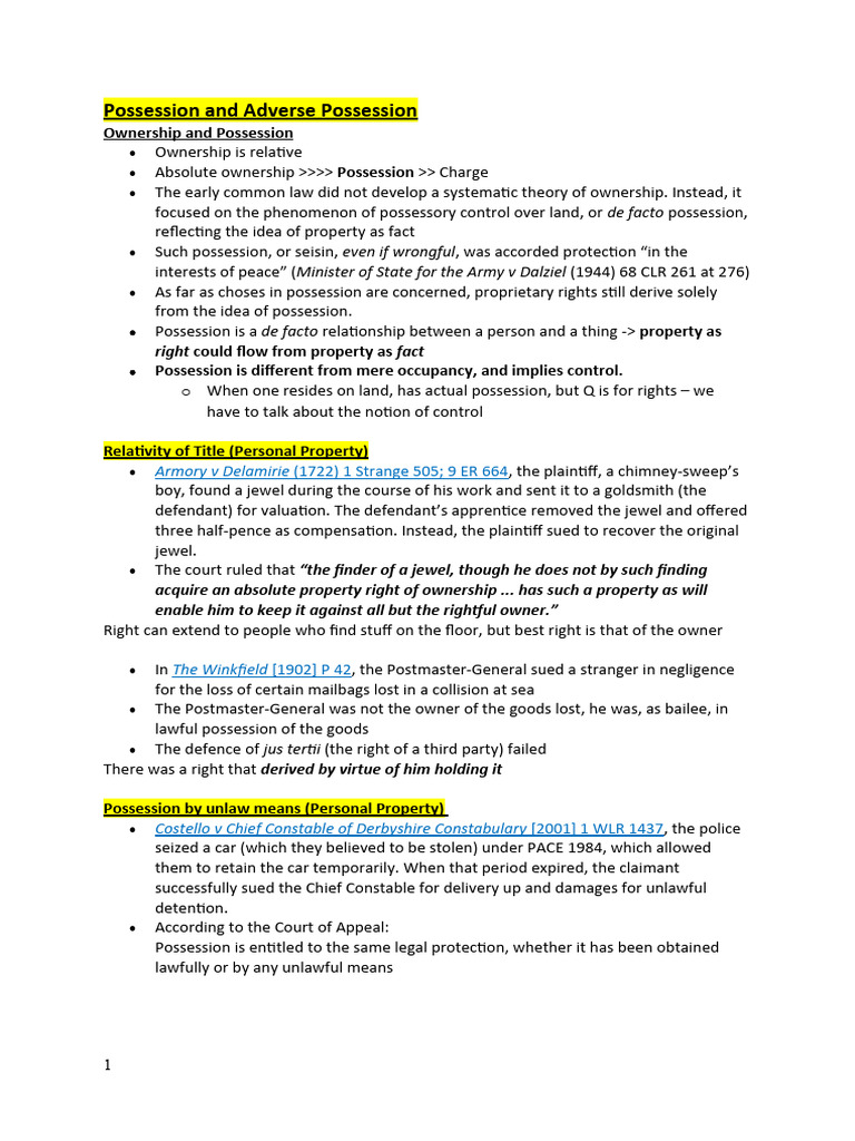 Possession | PDF | Leasehold Estate | Adverse Possession