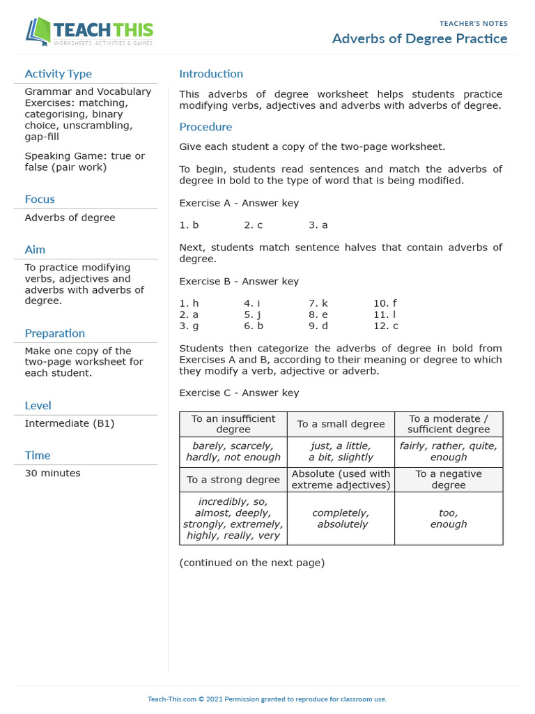 Adverbs of Degree Practice Worksheet | PDF | Adverb | Adjective