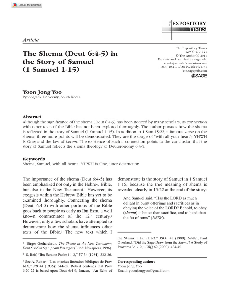 The Shema (Deut 6:4-5) in The Story of Samuel (1 Samuel 1-15) | PDF ...