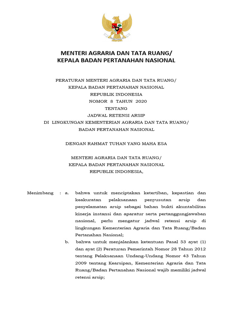 Permen ATR BPN Nomor 8 Tahun 2020 Tentang JRA | PDF