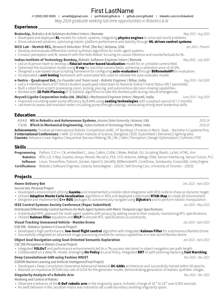 Generic Resume Template PDF Robotics Artificial Intelligence