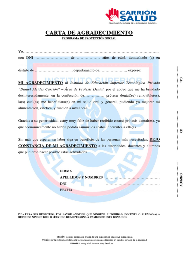 Carta de Agradecimiento Paciente | PDF | Dentadura postiza