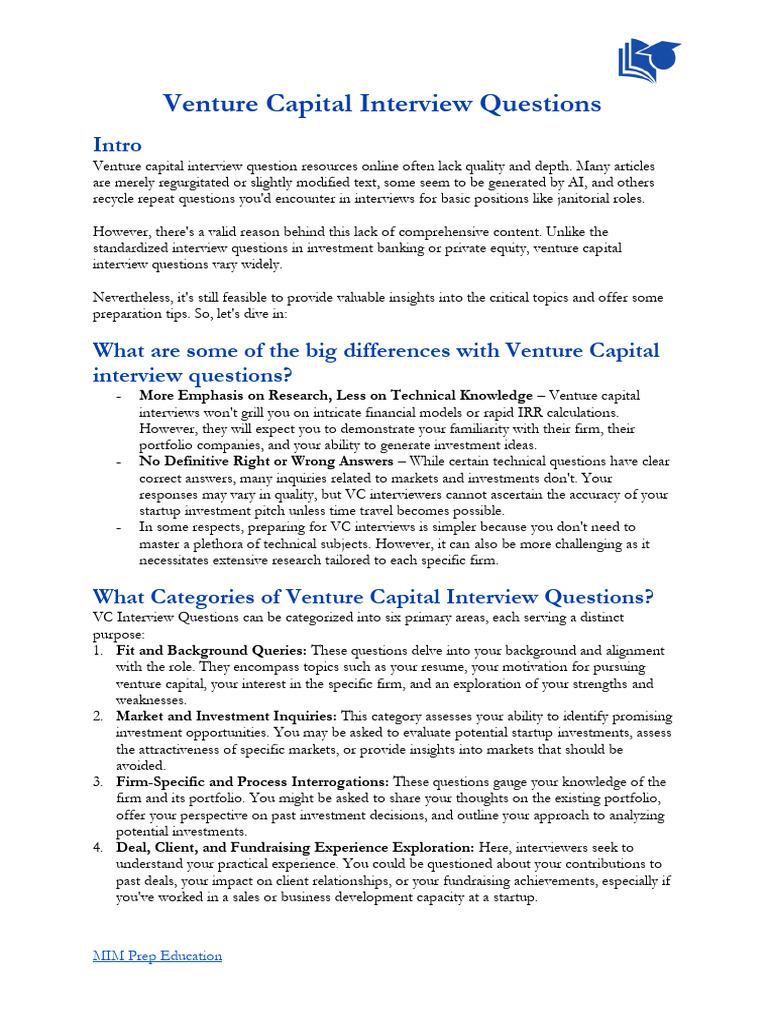 Venture Capital Interview Insights | PDF | Venture Capital | Corporate  Finance