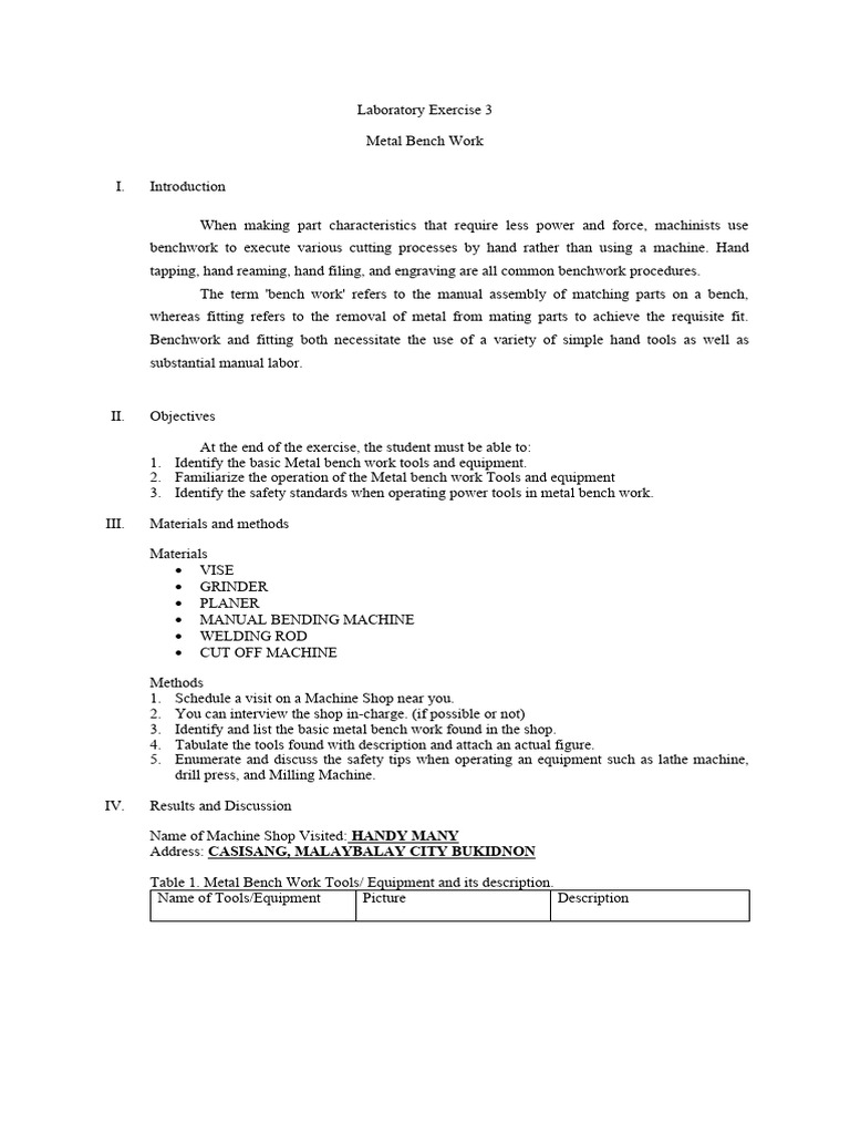 Fluid Mechanics Laboratory Exercise For Metal Bench Work PDF