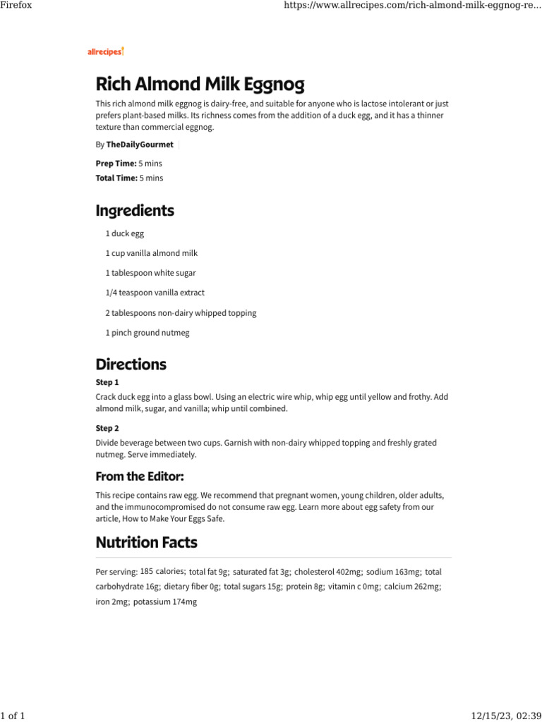 Rich Almond Milk Eggnog Recipe 8409698 PDF
