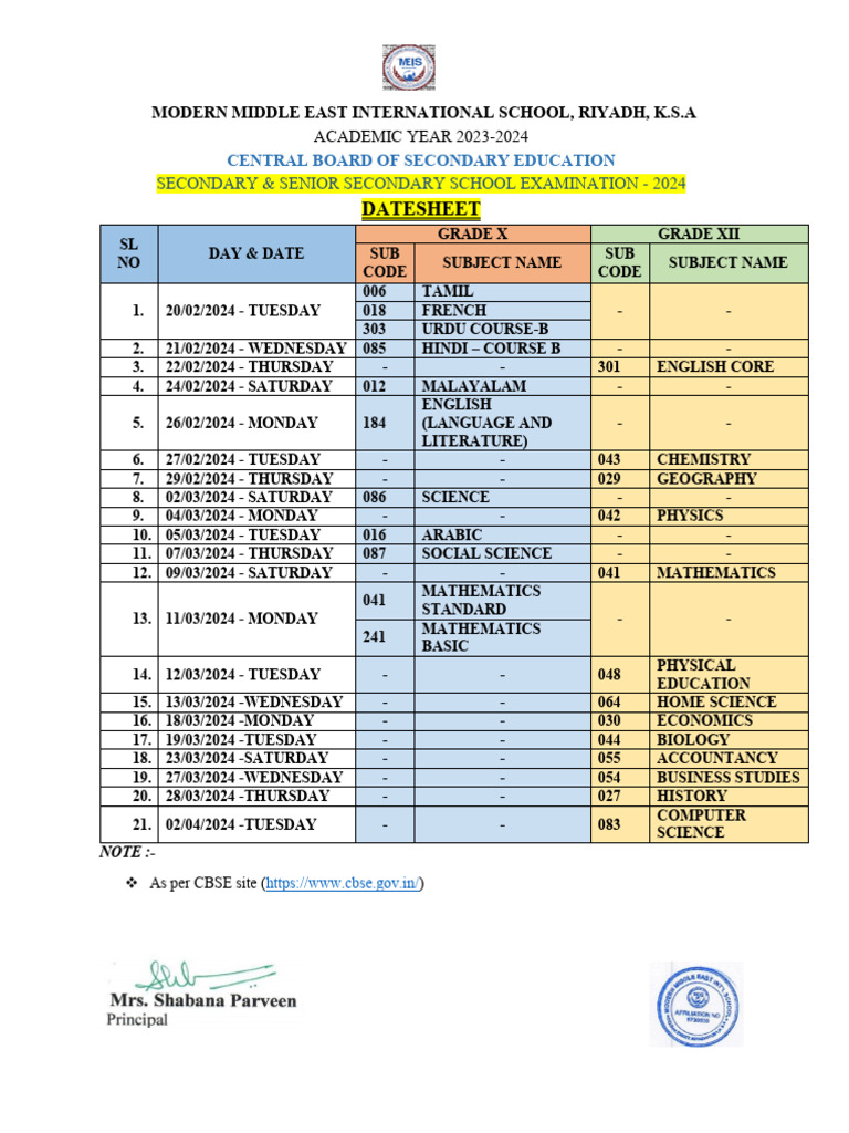 CBSE Class 12 Exam Datesheet 2024 | PDF