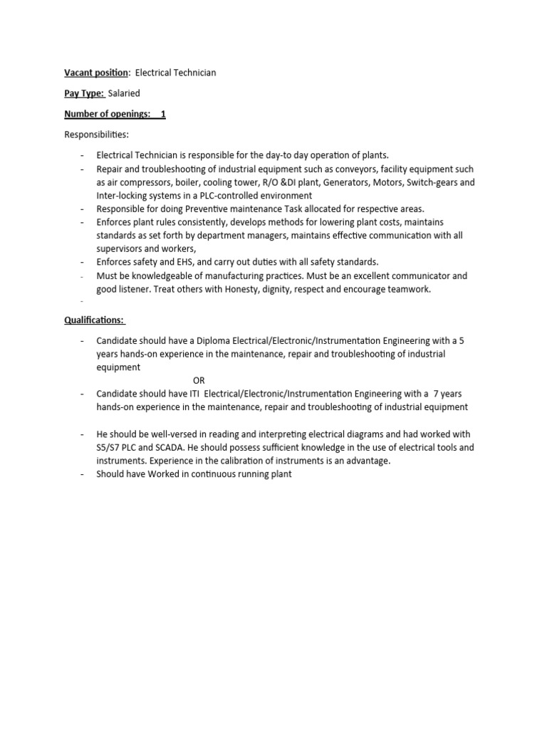 ELECTRICAL ENGINEER TECHNICIAN JOB DESCRIPTION intelligence overview