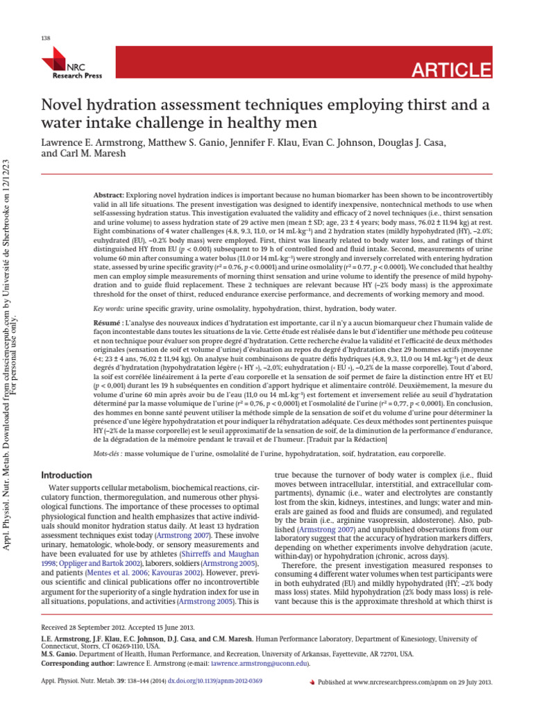 Armstrong Et Al 2013 Novel Hydration Assessment Techniques Employing ...