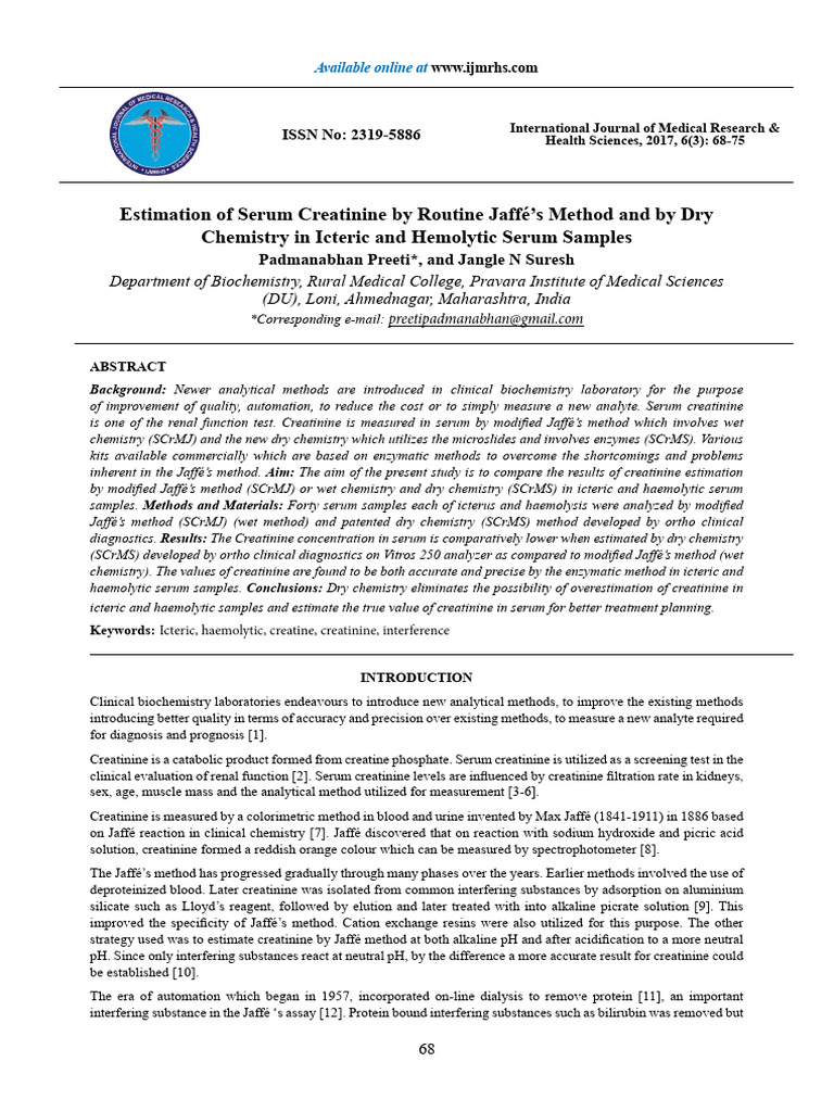estimationofserumcreatininebyroutinejaffesmethodandbydry