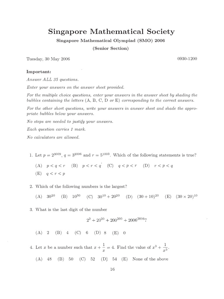 Senior Section - First Round - SMO Singapore Mathematical Olympiad 2006 ...