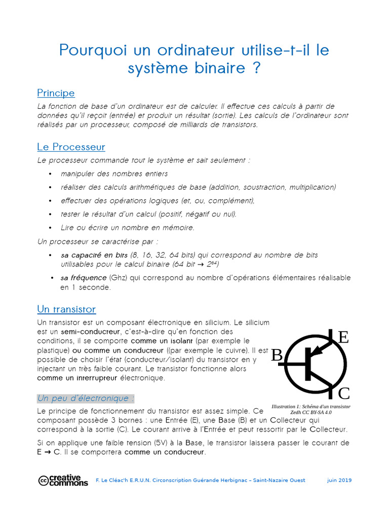 Fonctionnement binaire des ordinateurs | PDF | Transistor | Mémoire ...