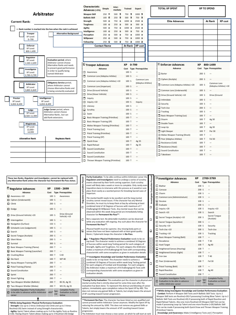 Advanced Dark Heresy - Character Sheet - Career - Arbitrator Advances ...