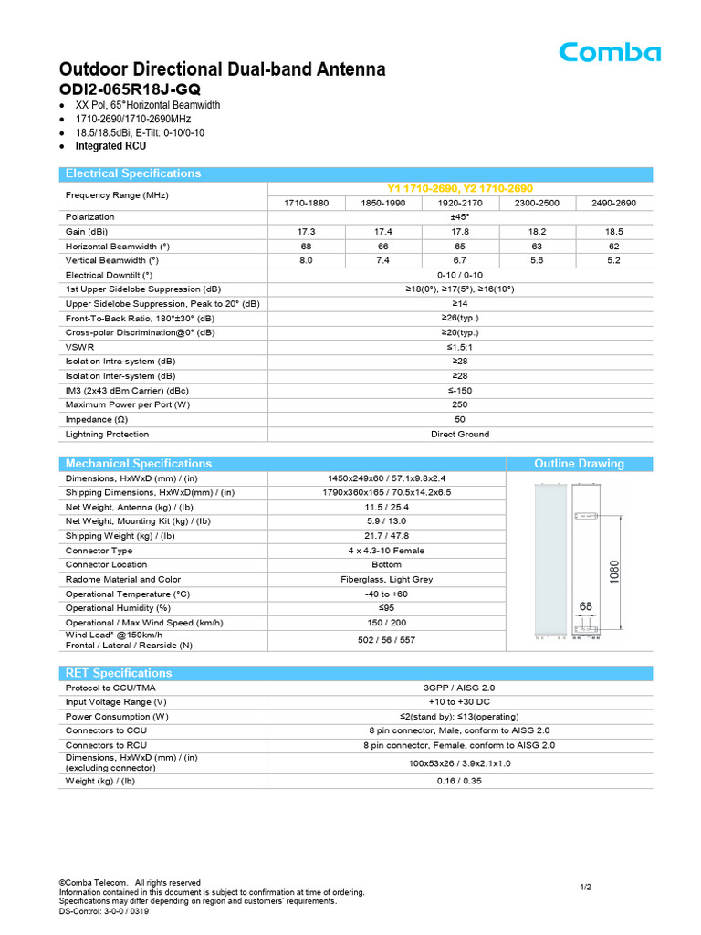 ODI2-065R18J-GQ DS 3-0-0 | PDF | Antenna (Radio) | Decibel