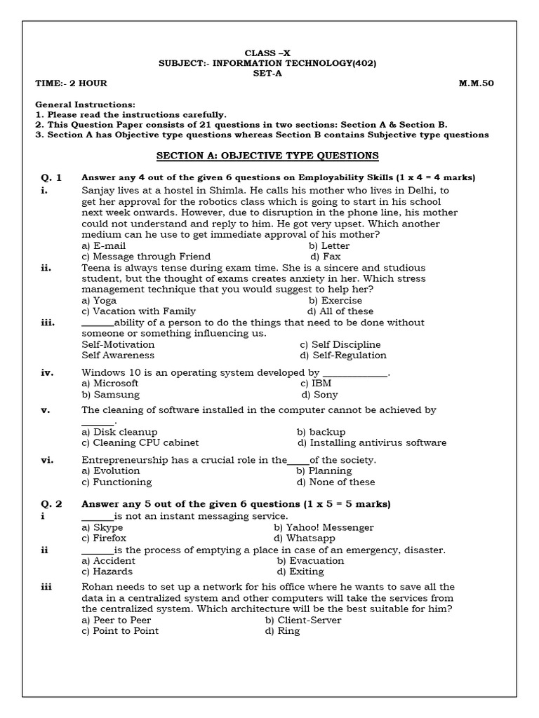 Class X IT Question Paper Set A | PDF | Databases | Spreadsheet