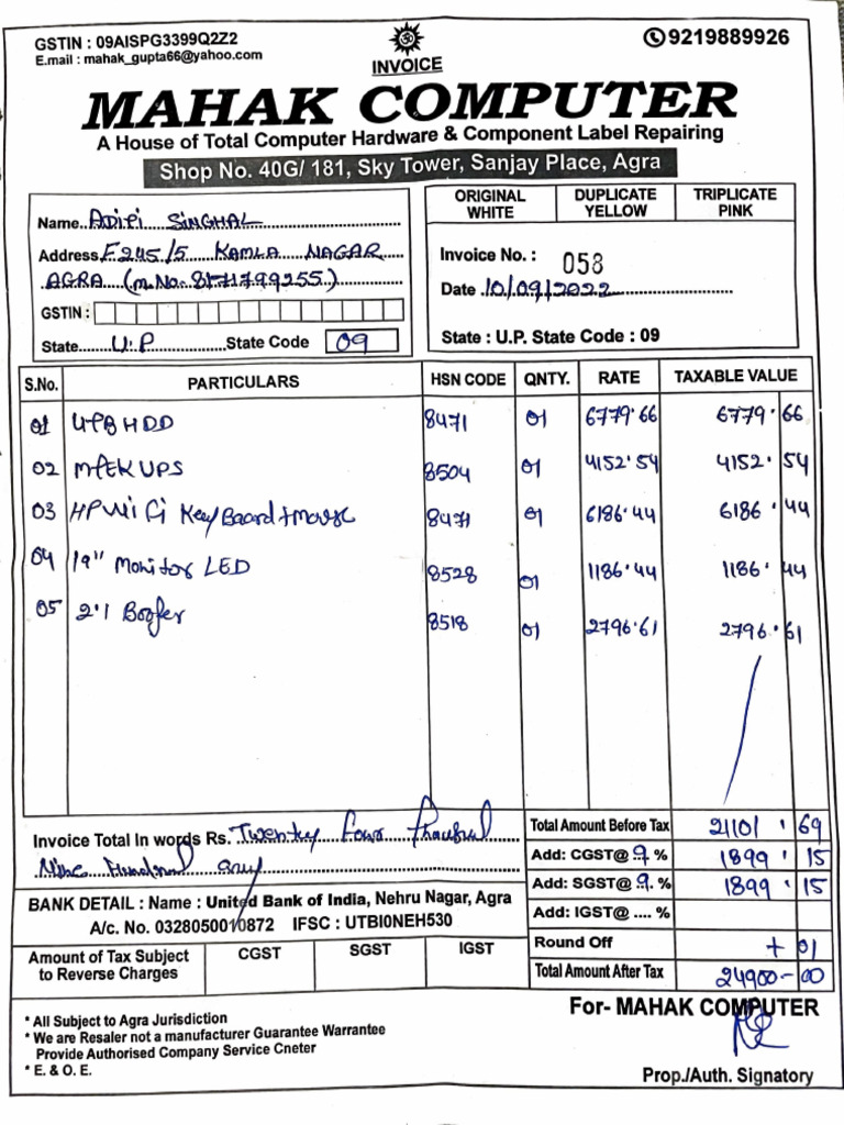 Mahak Computer Invoice Details | PDF