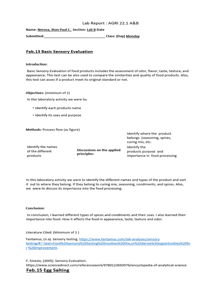 Sensory Evaluation and Food Processing Lab | PDF | Ham | Curing (Food ...