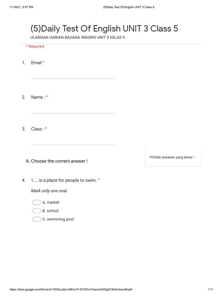 Daily Test of English UNIT 3 Class 5 - Google Forms | PDF
