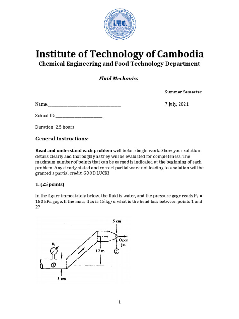 Fluid Mechanics Final Exam Summer 2021 Pdf