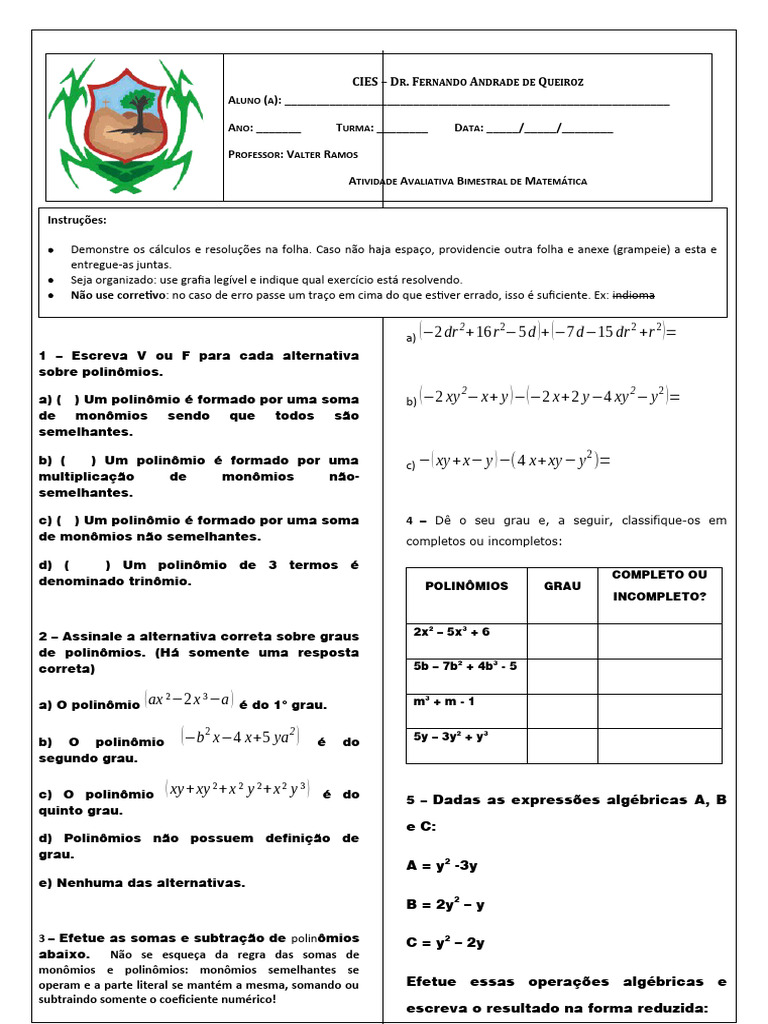 Avaliação - 8 Ano - Polinômios | PDF | Matemática | Álgebra