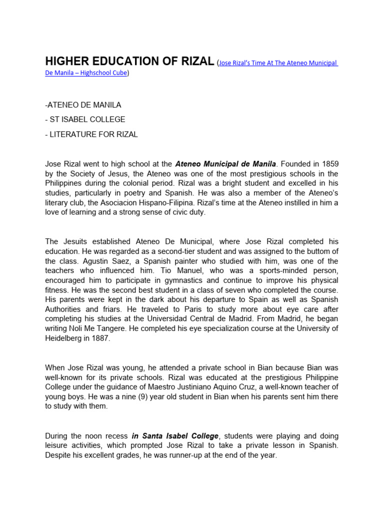 Jose Rizal's Education Journey in Manila | PDF | Philippines | Pathology