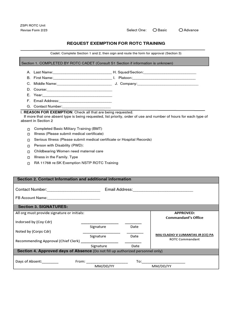 ROTC Training Exemption Request Form | PDF | Military | Military Science