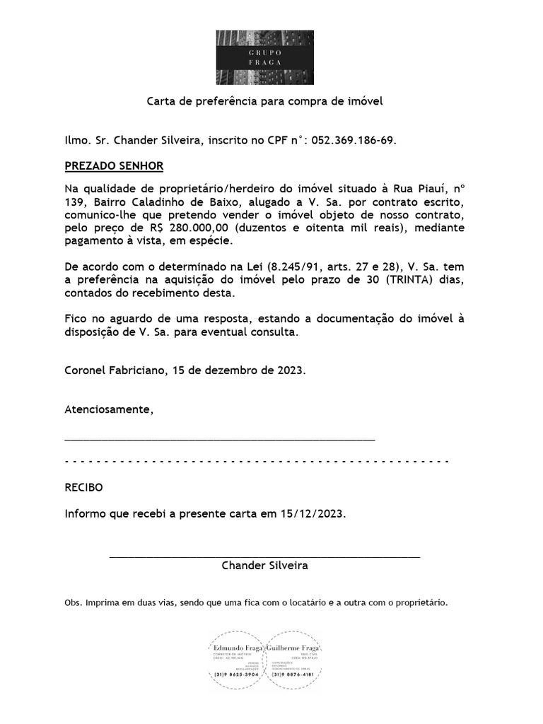 Carta de prefer ncia para compra de im vel pdf