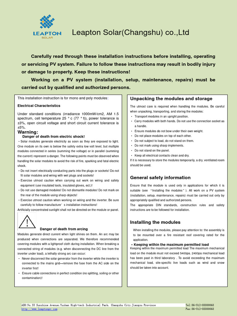 Leapton Solar PV Installation Guide | PDF | Solar Panel | Electrical ...