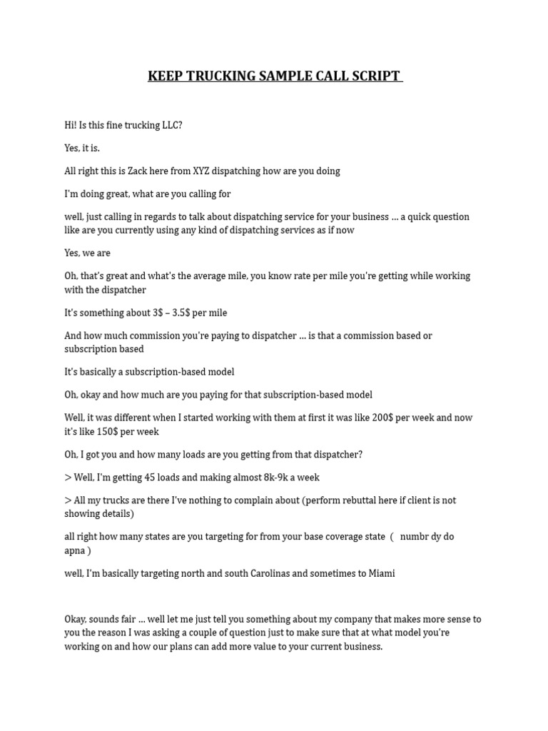 Truck Dispatcher Call Script Sample | PDF | Business