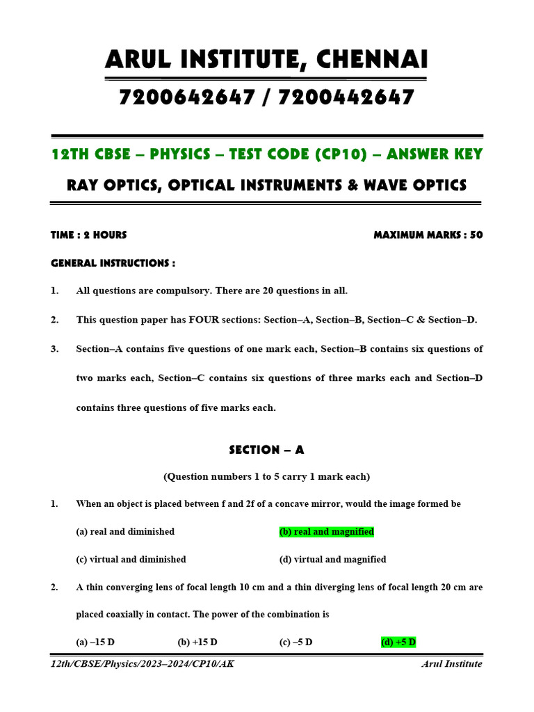 Wave and Ray Optics Test Answer Key PDF Optics Refraction