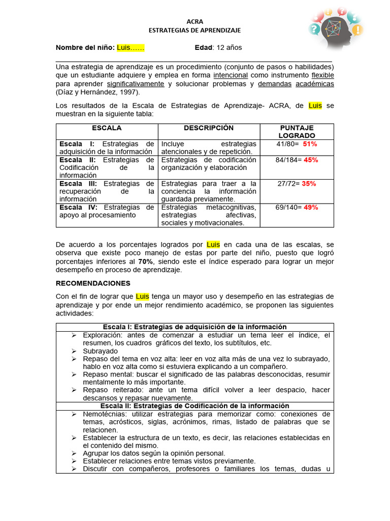 Estrategias de Aprendizaje ACRA para Luis | PDF | Aprendizaje ...