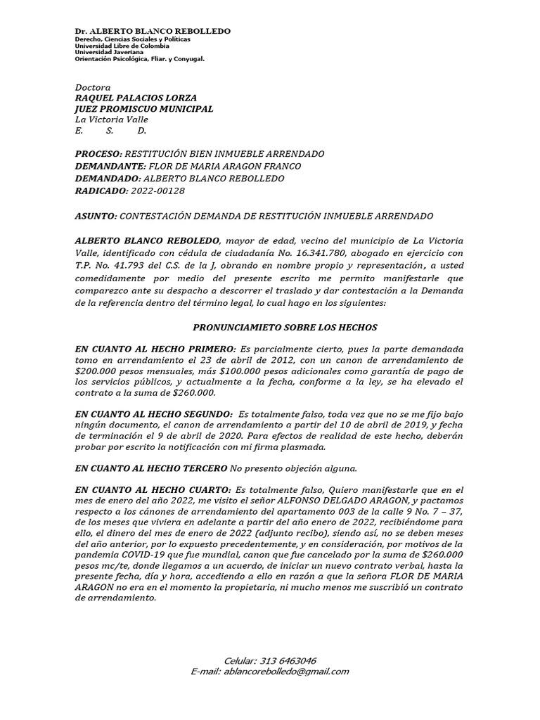 Contestacion Demanda Restitucion Bien Inmueble | PDF | Derecho