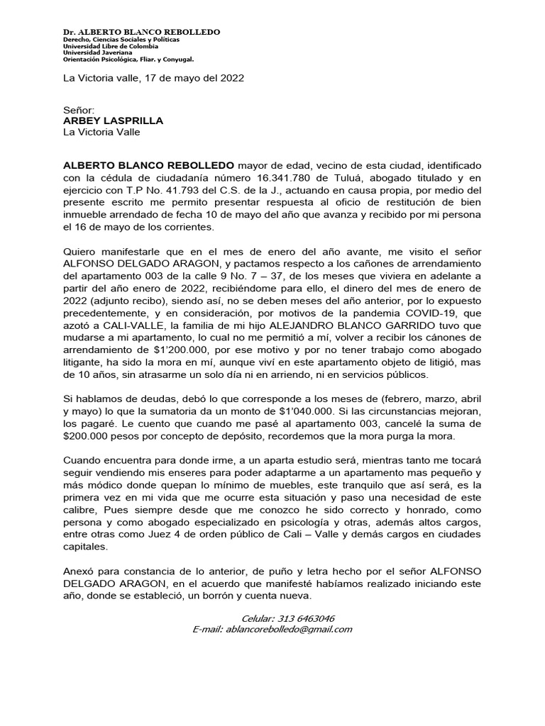 Respuesta a Oficio de Restitución de Arrendamiento | PDF
