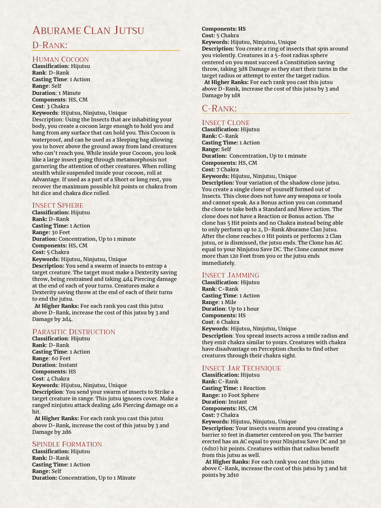 Aburame Clan Jutsu for Naruto 5E | PDF