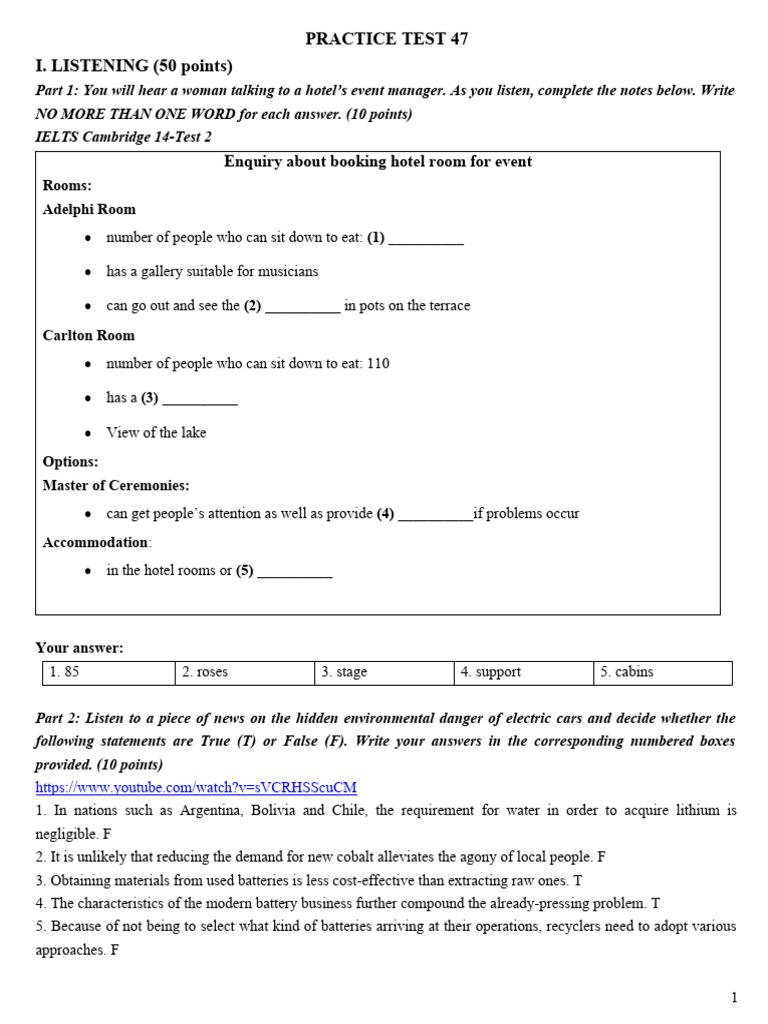 Practice test 47 i listening 50 points enquiry about booking hotel