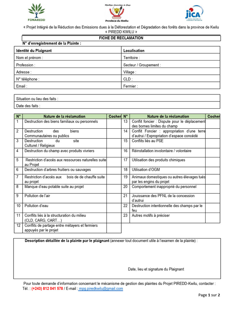 Fiche de Réclamation PIREDD-Kwilu | PDF | La nature | Environnement naturel