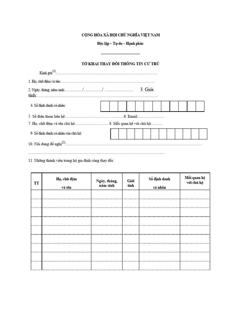 Mau To Khai Thay Doi Thong Tin Cu Tru ct01 - 0812112747 | PDF