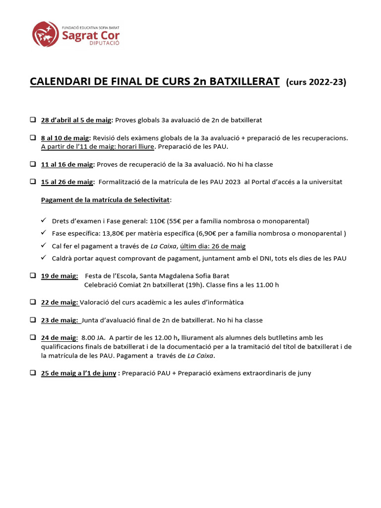 Calendari de Final de Curs 2n Batx | PDF
