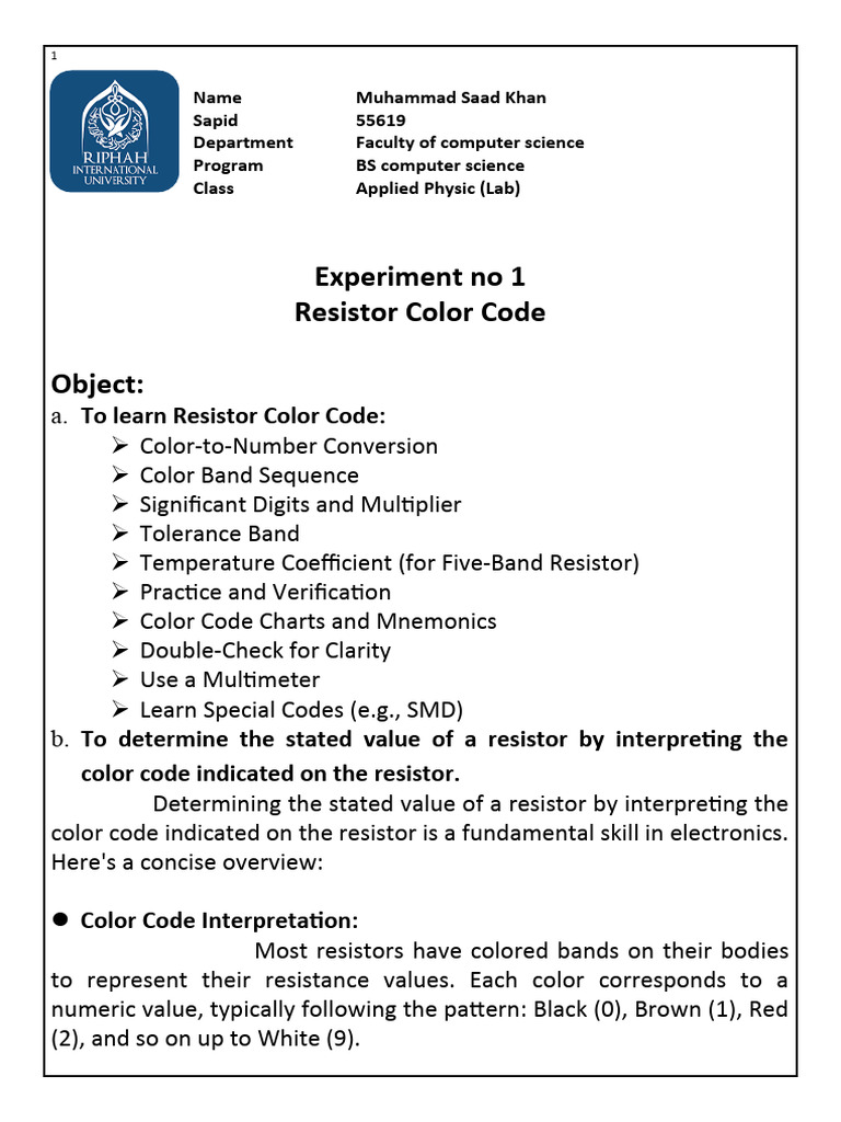 lab report PDF Resistor Engineering Tolerance