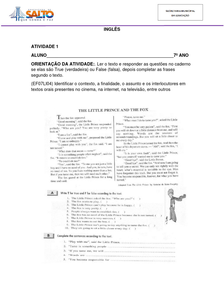 Atividade de Leitura para 7º Ano | PDF | Artes Linguísticas e Disciplina