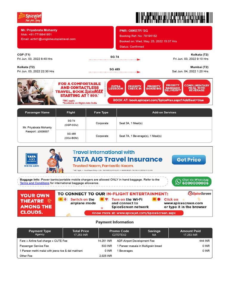 SpiceJet Flight Booking Confirmation | PDF | Aviation | Transport