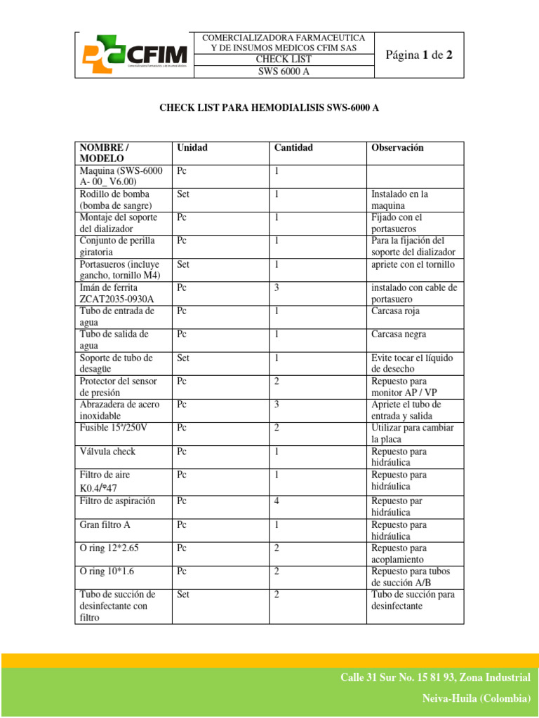 Checklist SWS 6000 A CFIM SAS Neiva | PDF | Bomba | Herramientas