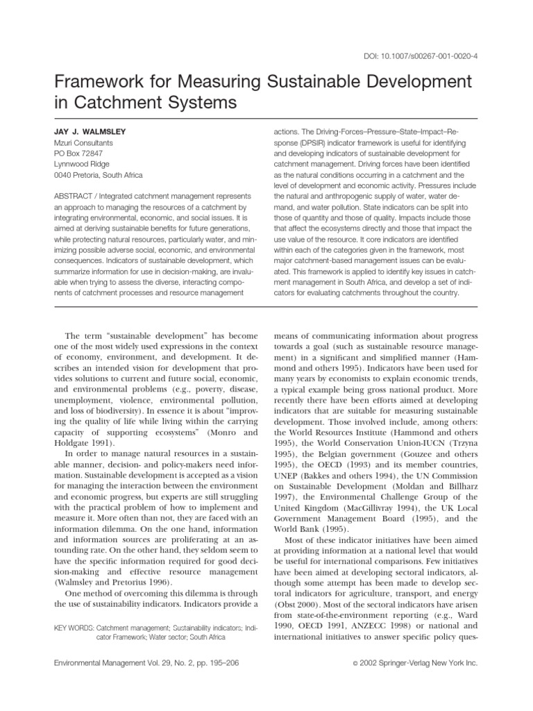 Catchment Indicators Sustainable Development - Walmsley, 2002 | PDF ...