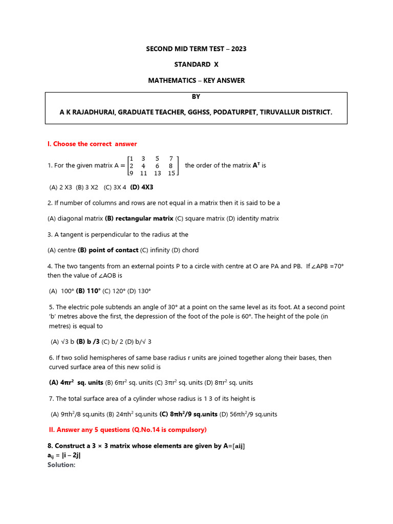 2nd Mid Term 2023 X KEY | PDF | Area | Matrix (Mathematics)