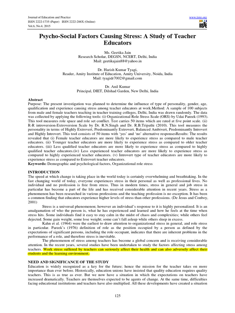 Stress Factors Among Teacher Educators | PDF | Statistical Significance ...