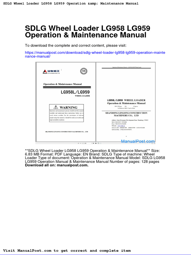 SDLG Wheel Loader Lg958 Lg959 Operation Maintenance Manual PDF Book
